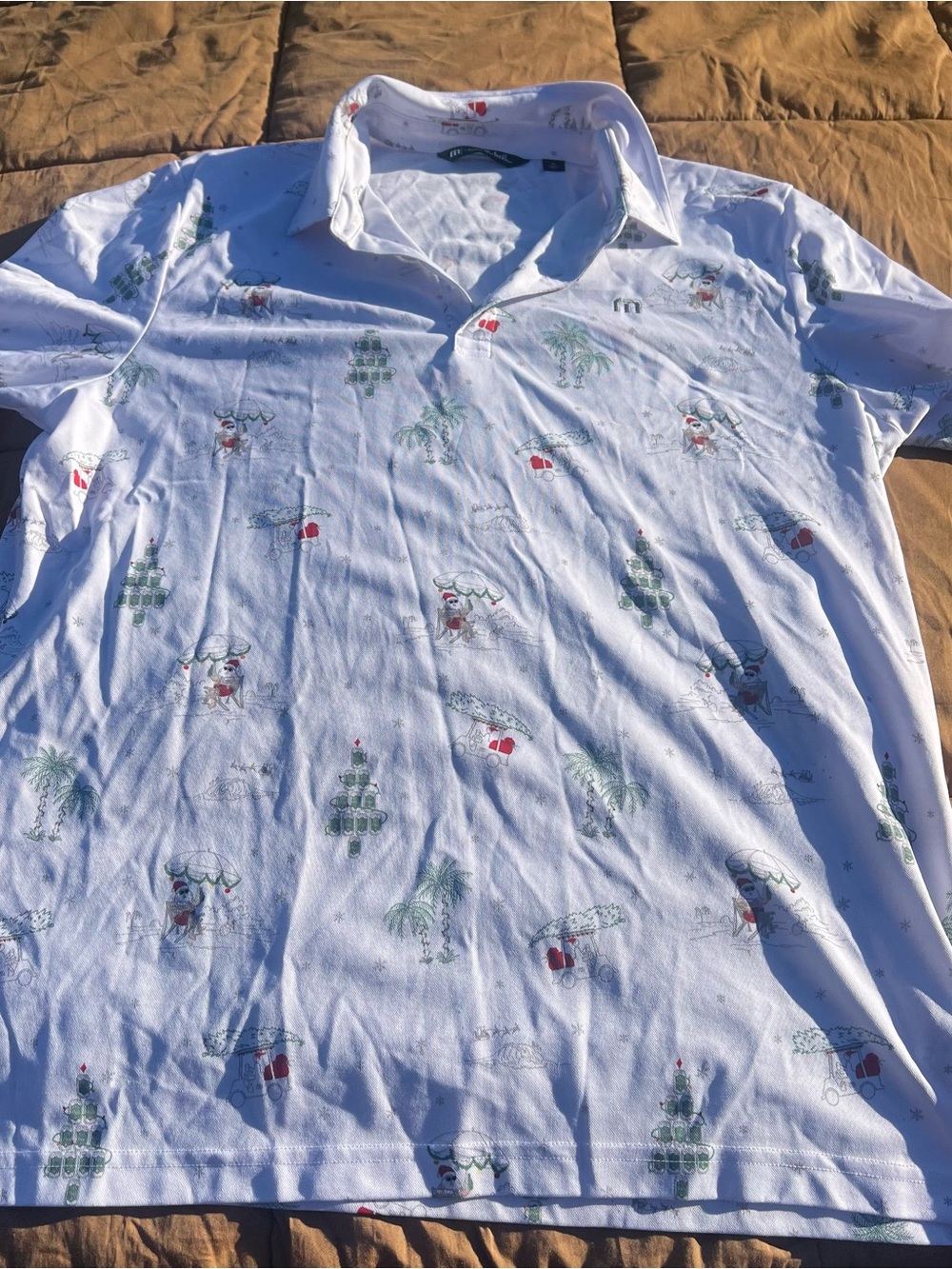 Travis Mathew “Wee Bit of Fun” White Holiday Print Golf Preppy Polo Shirt Sz XL